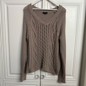 Lord & Taylor Women Large Taupe V-Neck Cotton Blend Fisherman Cable Knit Sweater